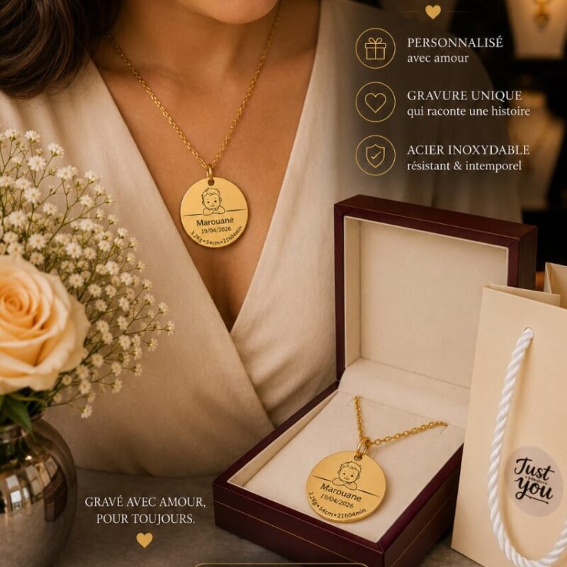 Collier Naissance Personnalisé Bébé – Gravure Nom, Date, Poids & Taille | Dialna Gift 1 Collier Naissance Personnalisé